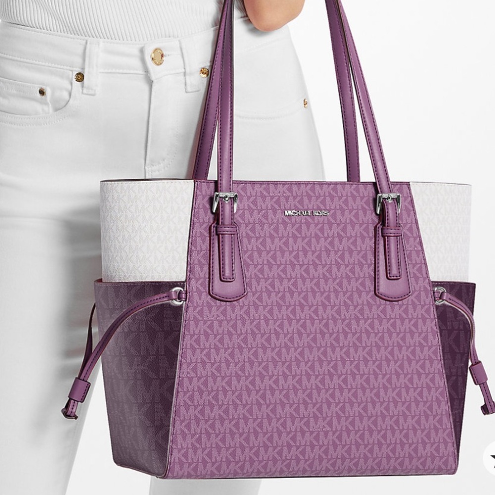 MICHAEL KORS Voyager Large Color-Block Signature Logo Shoulder Tote
Dark Purple